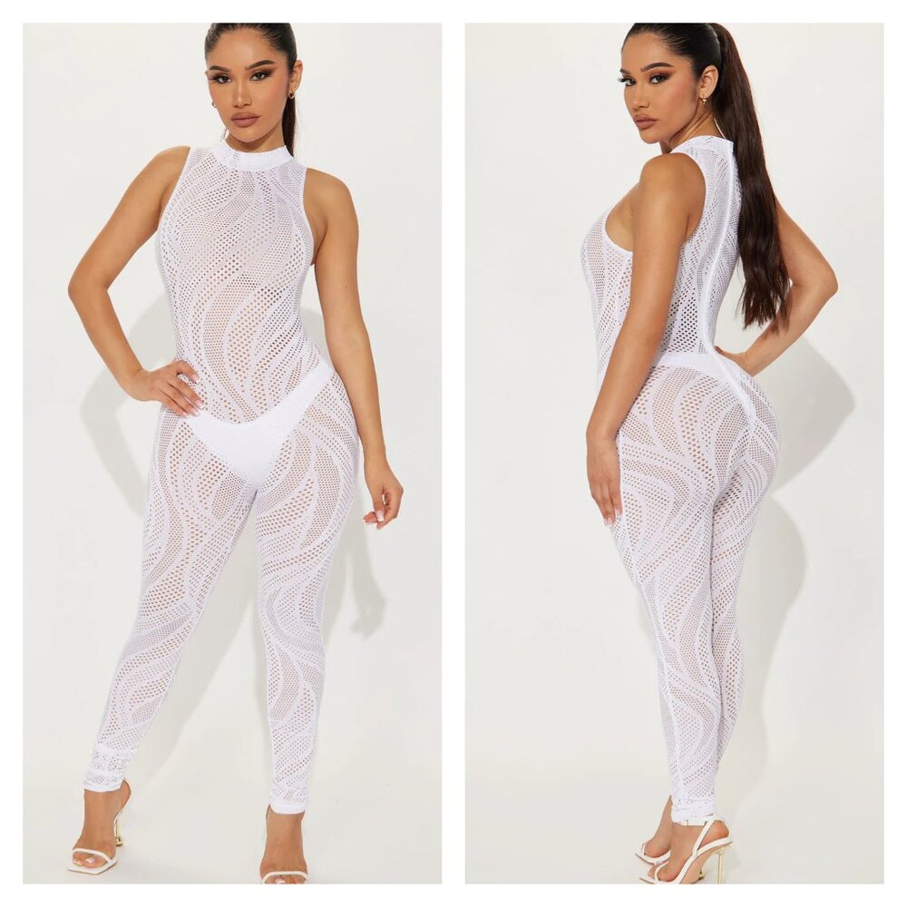 NWT FASHION NOVA White MEMORABLE NIGHTS Fishnet Mesh Stretchy One Piece Jumpsuit